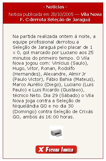 Noticia Site Antigo do Vila Nova sobre o jogo contra o Jaragua